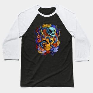 Tequilas Revenge: Gold Skull with Coral and snake Baseball T-Shirt